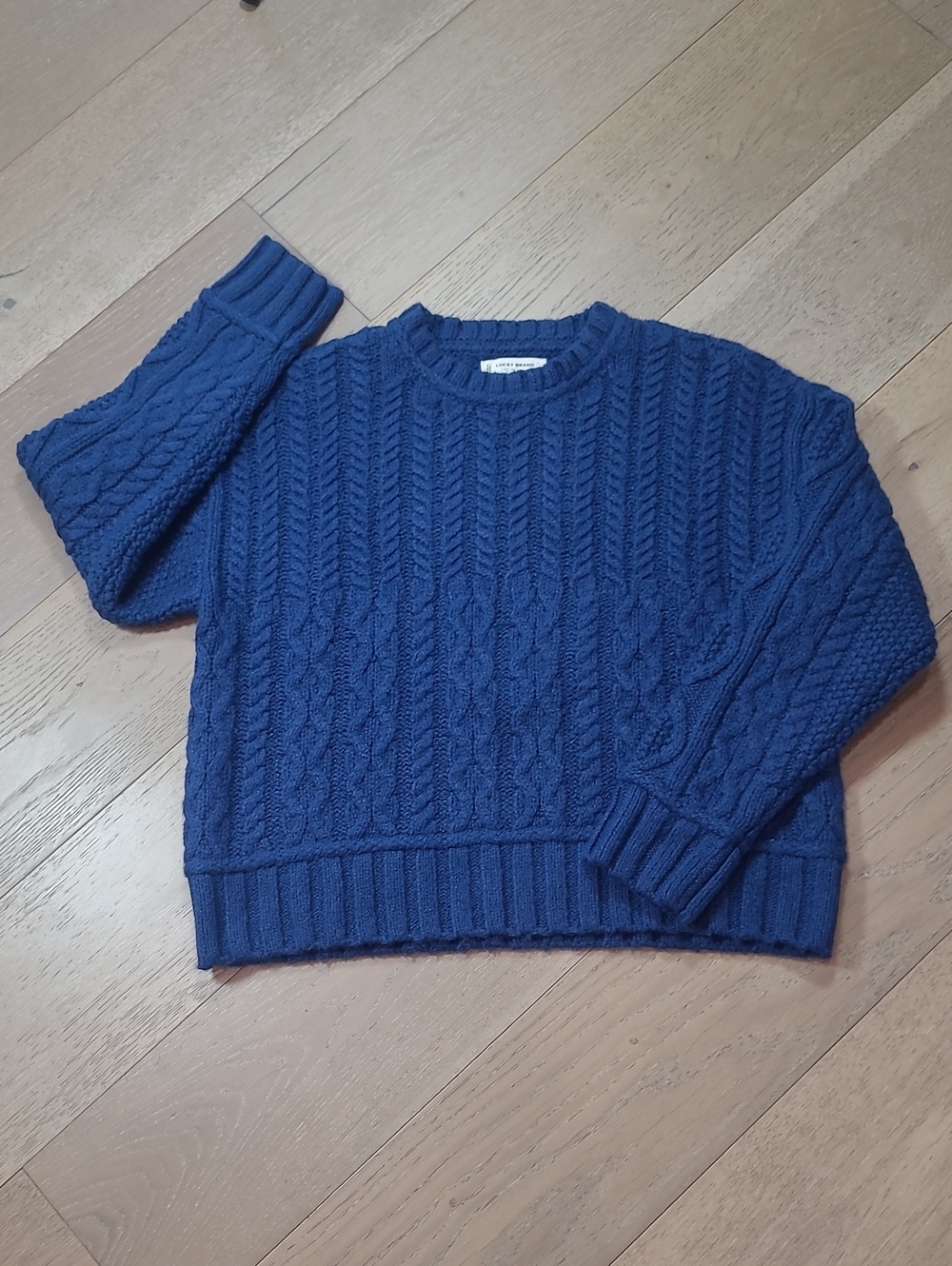 EUC Lucky Brand Sweater Women's sz L Blue Chunky Cable Knit Crew Neck Sweater